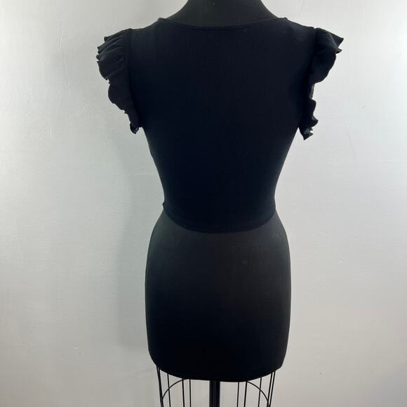 ZARA Black Cropped Top Tie-Up Deep V-Neck Ruffle Sleeve Pullover Size Medium M - Picture 6 of 8